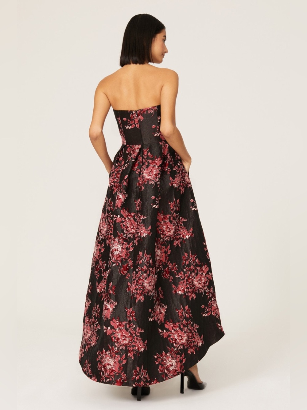 HUTCH Strapless Black Red Floral Jaquard Hi Low Dress Sz: 12 - Picture 2 of 11